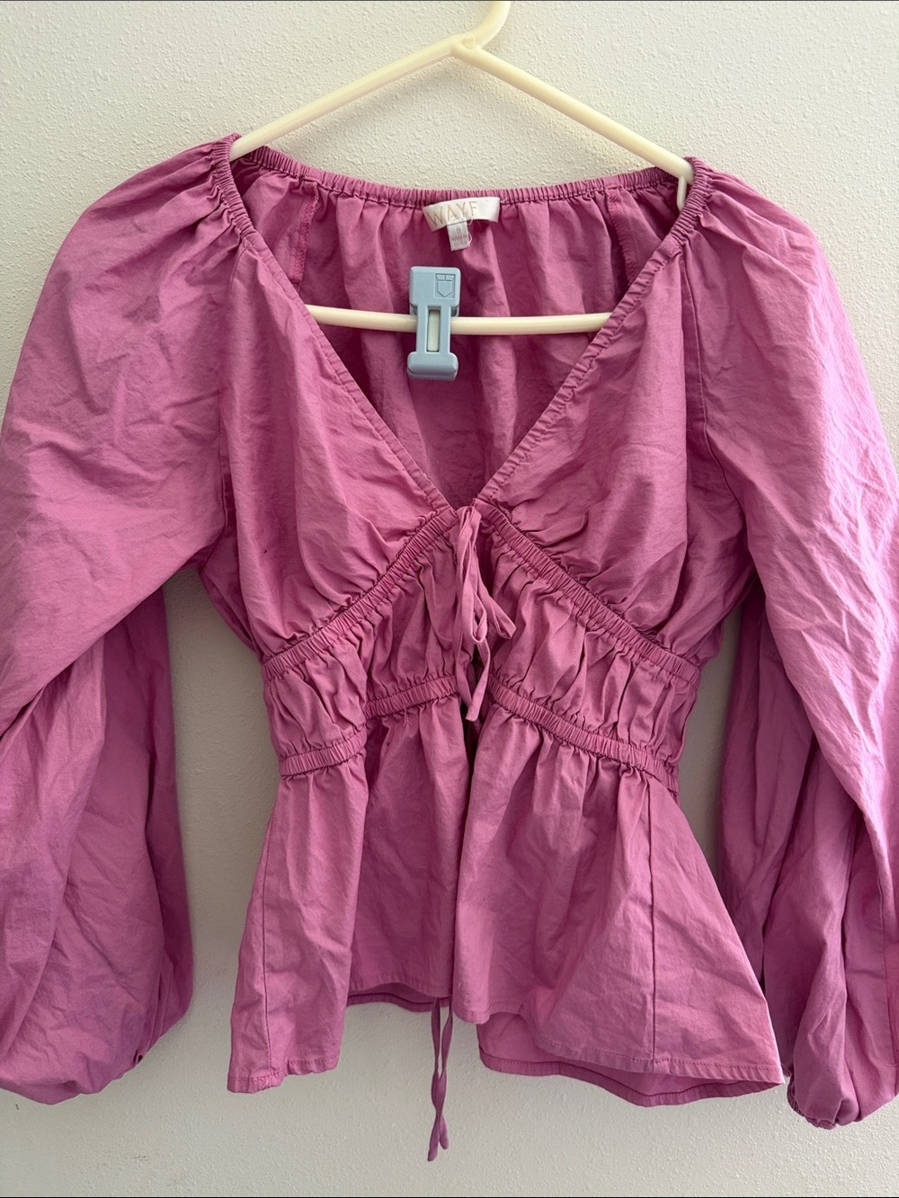 Wayf Dusty Rose Tie-Front Puff Sleeve Blouse
